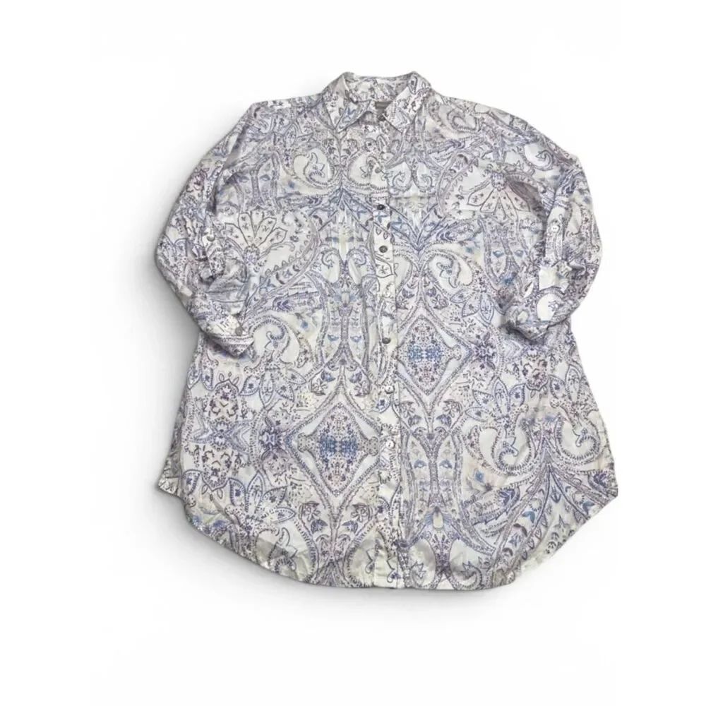 Chicos Tunic Button Down Shirt Paisley Long Sleeve Loose Fit Casual Top 1 MEDIUM